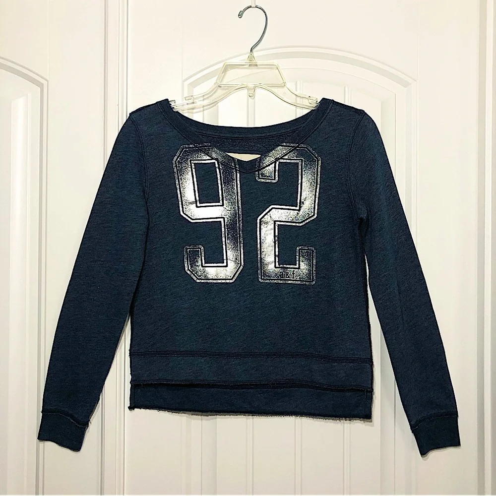 Abercrombie Kids Fleece Navy Silver Pull Over Raw Hem Top M